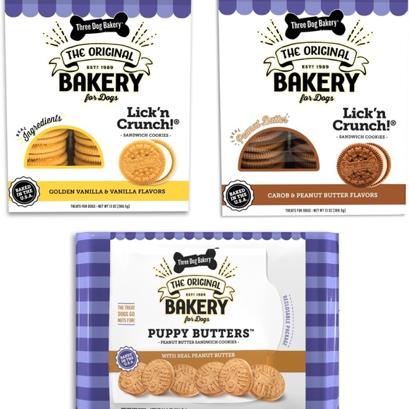 Treats- Three Dog Bakery Lick'n Crunch! Sandwich Cookies Variety Pack 3 Pack New - Picture 1 of 5